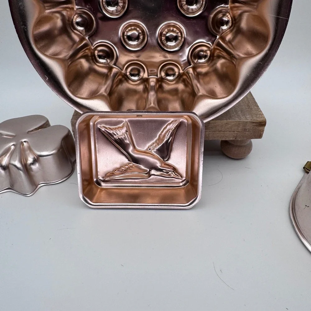 Vintage Copper Aluminum Jello Mold Set Heart Shamrock Bird Fluted 4pc Kitchen